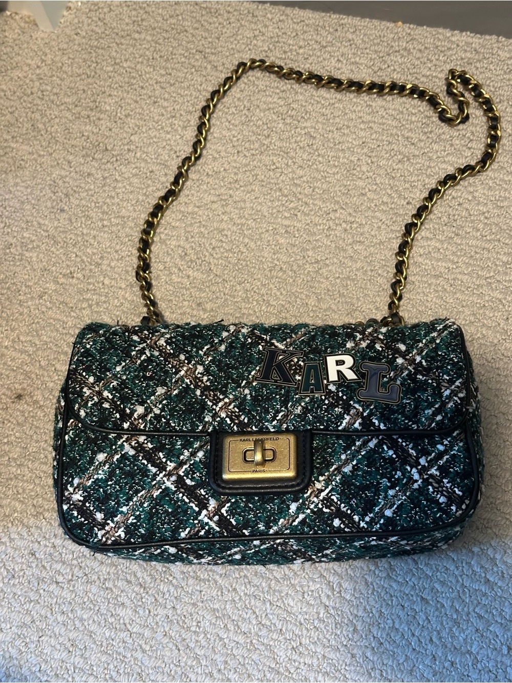 Karl Lagerfeld Paris Agyness Tweed Flap Shoulder Bag with Gold Hardware